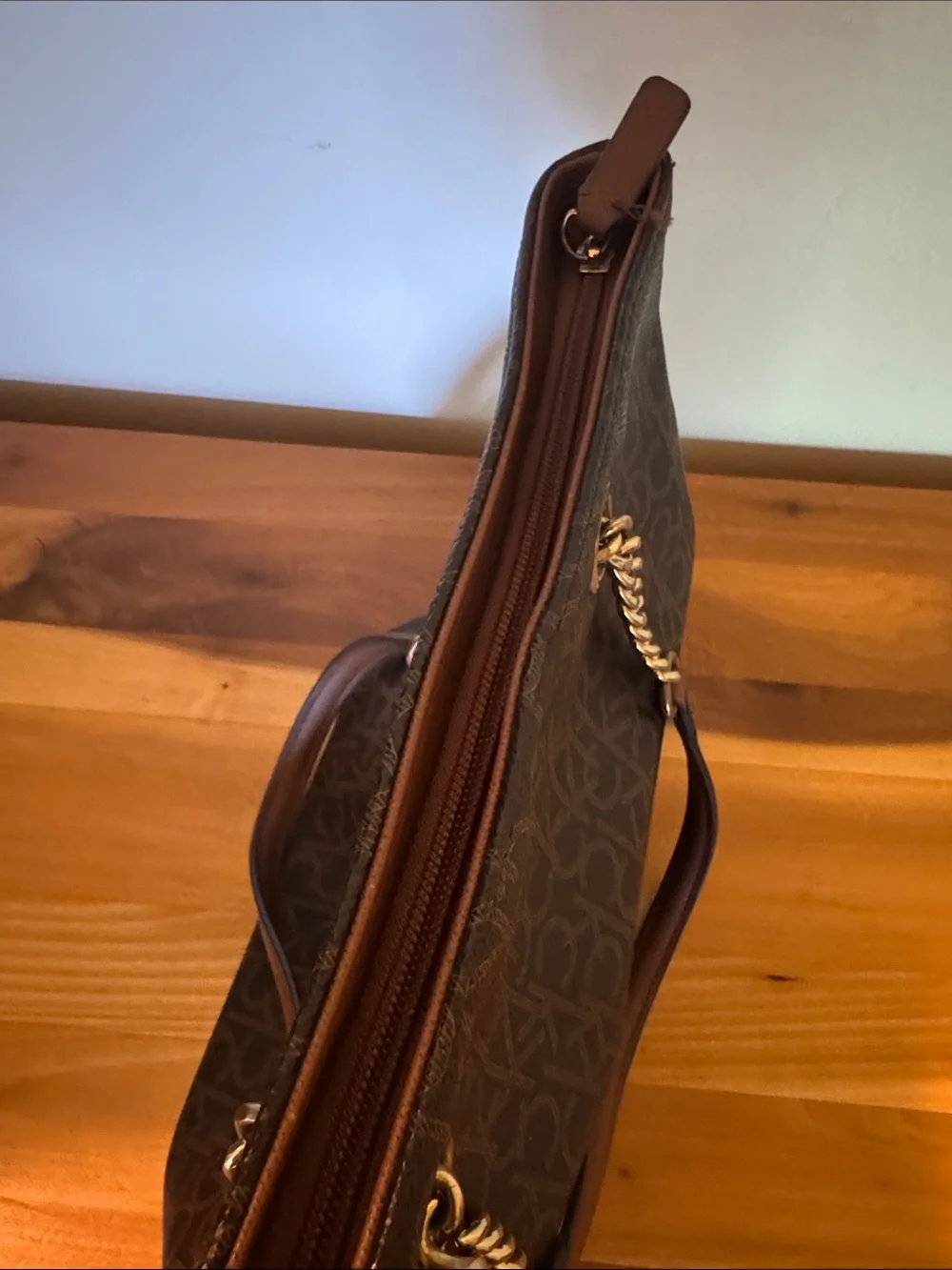 Calvin Klein Brown Monogrammed Double Strap Shoulder Bag